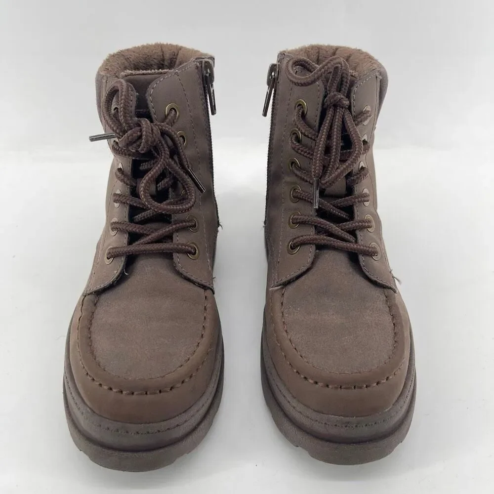 H&M Boys Size 1 Brown Faux Suede Moc Toe Lace Up Zip Chunky Sole Utility Boots